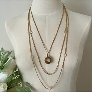Vintage GOLDETTE Three-Strand Gold-Tone Chain Moonstone Pendant Sautoir Necklace